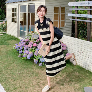 法式气质条纹Polo领连衣裙女2025夏季新款韩版宽松显瘦减龄T恤裙图片