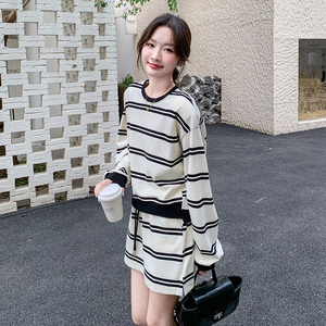 韩版条纹拼接卫衣套装女2025春秋季新款高腰短裙休闲运动风两件套图片