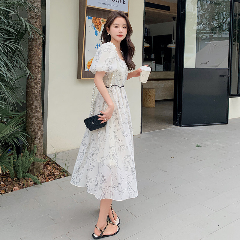 高级感方领泡泡袖薄纱连衣裙女夏2025新款小众设计感印花宽松长裙,女装连衣裙,浙宝210（原浙宝191）