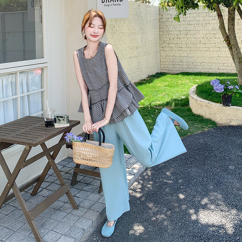 209-3255-Ｐ150-K218时尚格子荷叶边百搭阔腿裤套装，女装套装/套裙，浙宝210（原浙宝191）