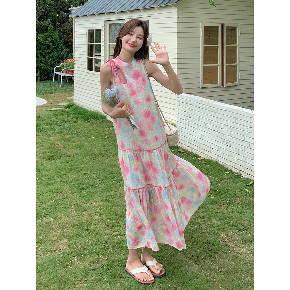 彩色多巴胺晕染网红挂脖连衣裙女夏季新款法式浪漫气质度假风长裙,女装连衣裙,浙宝210（原浙宝191）