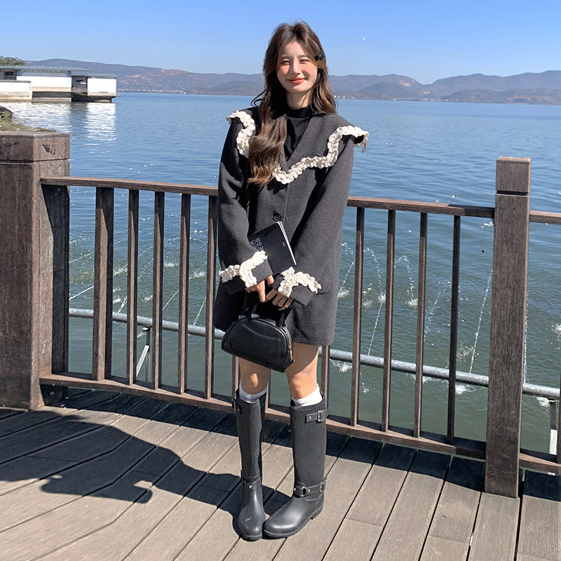 黑色花边气质小香风外套女2025春新款小个子高级宽松拼接翻领西装,女装西装,浙宝210（原浙宝191）