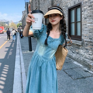 复古方领泡泡袖薄款牛仔连衣裙收腰显瘦气质长裙女1926-P135-K189图片