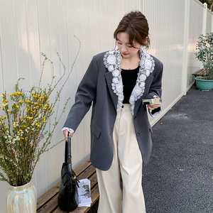 小香风可拆蕾丝翻领灰色西装外套女春秋2025新款西服独特漂亮流行图片