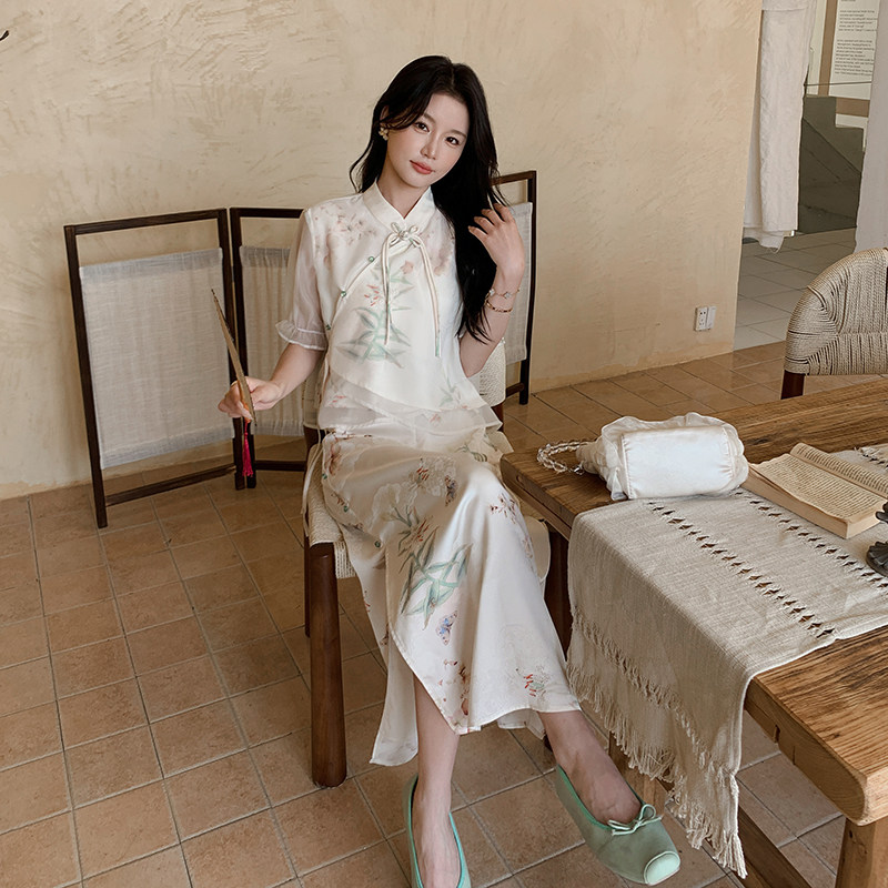 新中式国风碎花连衣裙搭配一整套女士夏季新款高级感半身裙两件套,女装汉服/婚纱/旗袍/礼服,浙宝210（原浙宝191）