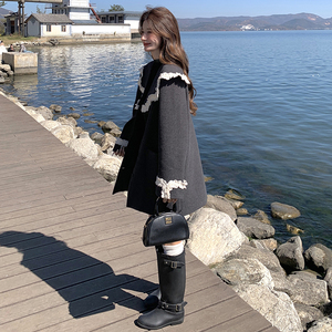 灰色蕾丝花边披肩翻领西装外套女2025新款韩系学院风减龄休闲上衣图片