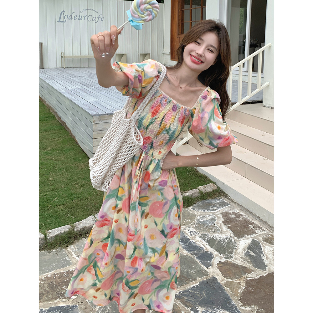 法式复古温柔风碎花连衣裙女2025夏季新款韩版收腰显瘦泡泡袖长裙,女装连衣裙,浙宝210（原浙宝191）