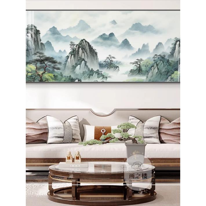 背有靠山图客厅装饰画横版青山常青图有山无水一整幅新中式墙壁画