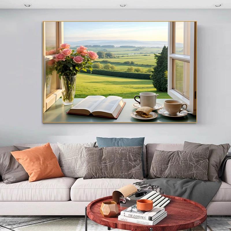 小清新卧室床头挂画北欧餐厅高级感装饰画窗外风景玄关柜饭厅壁画