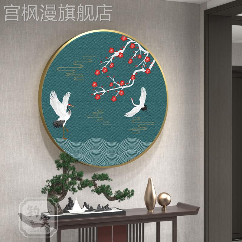 圆形装饰画新中式桃花仙鹤祥瑞酒店走廊玄关壁画客厅茶室餐厅挂画图片