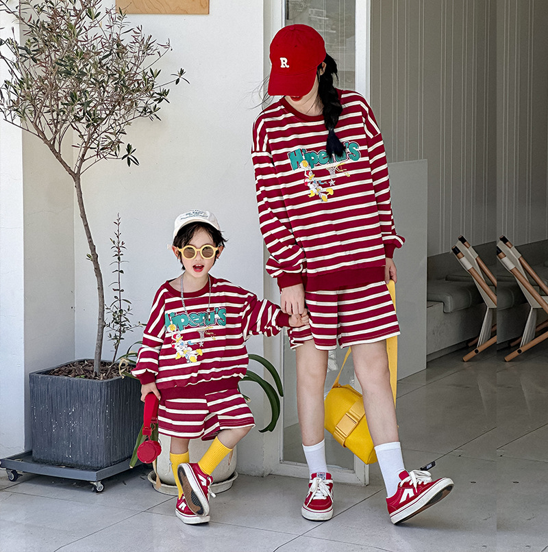 一起玩WITHPLAY亲子装秋季男女儿童条纹卡通套装母女母子