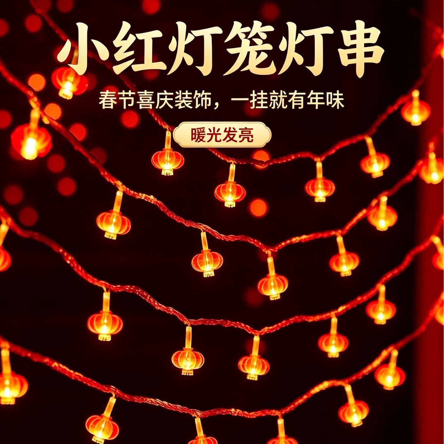 春节新年太阳能氛围感红色小灯笼灯串户外防水庭院装饰满天星彩灯