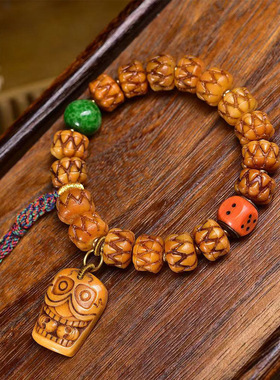 藏传回流骨手串单圈雕刻吞噬玛瑙牦牛骨卡子琉璃配饰文玩佛珠手链