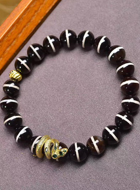 天然老西亚镶蚀线珠手串单圈藏式文玩佛珠男女玛瑙圆珠子手链饰品