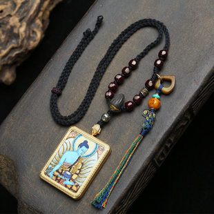 藏式文玩手工编织绳项链手绘描金药师佛唐卡佛牌挂坠复古毛衣链