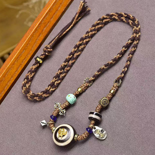 天然玛瑙板眼天珠吊坠松石大肠珠玄阴四象方珠配饰手工编织绳项链