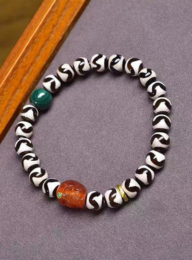 天然玛瑙虎牙天珠手串单圈藏式文玩佛珠玛瑙尸陀林孔雀石配饰手链