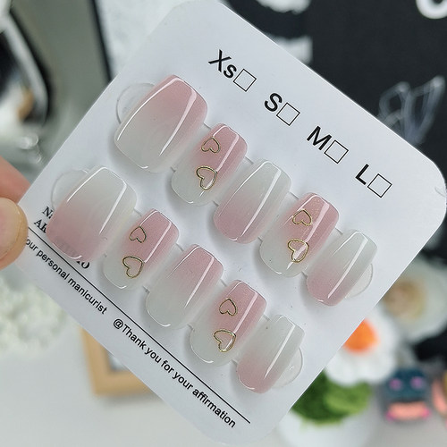 纯手工穿戴甲贴片粉色爱心图案