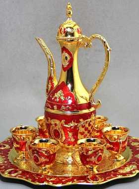 新款直销古玩收藏杂项工艺品红色花纹苗银套装壶茶壶酒壶6个杯子