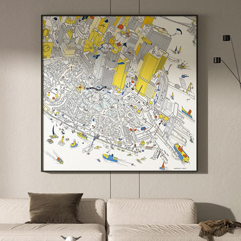 新款直销抽象风景插画城市印象装饰画客厅玄关背景墙壁画方形现代