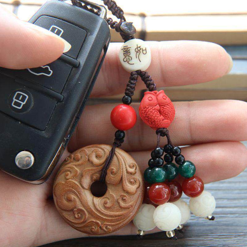 新款直销桃木平安扣钥匙扣 汽车挂件朱砂双鱼 配饰配珠 雕刻祥云