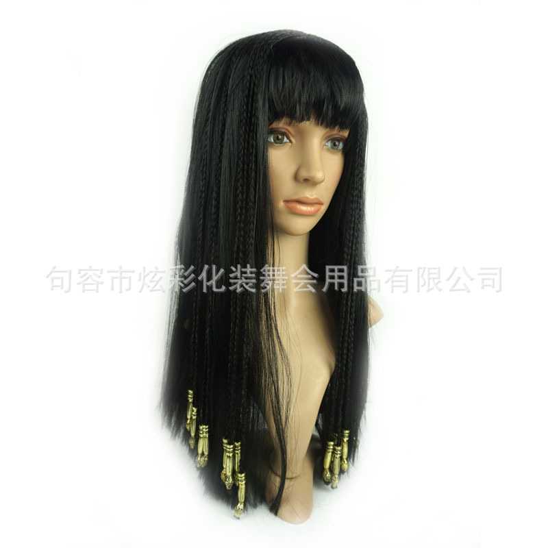 新款直销埃及艳后假发黑色小辫子长直发带珠子舞会装扮头套饰发套