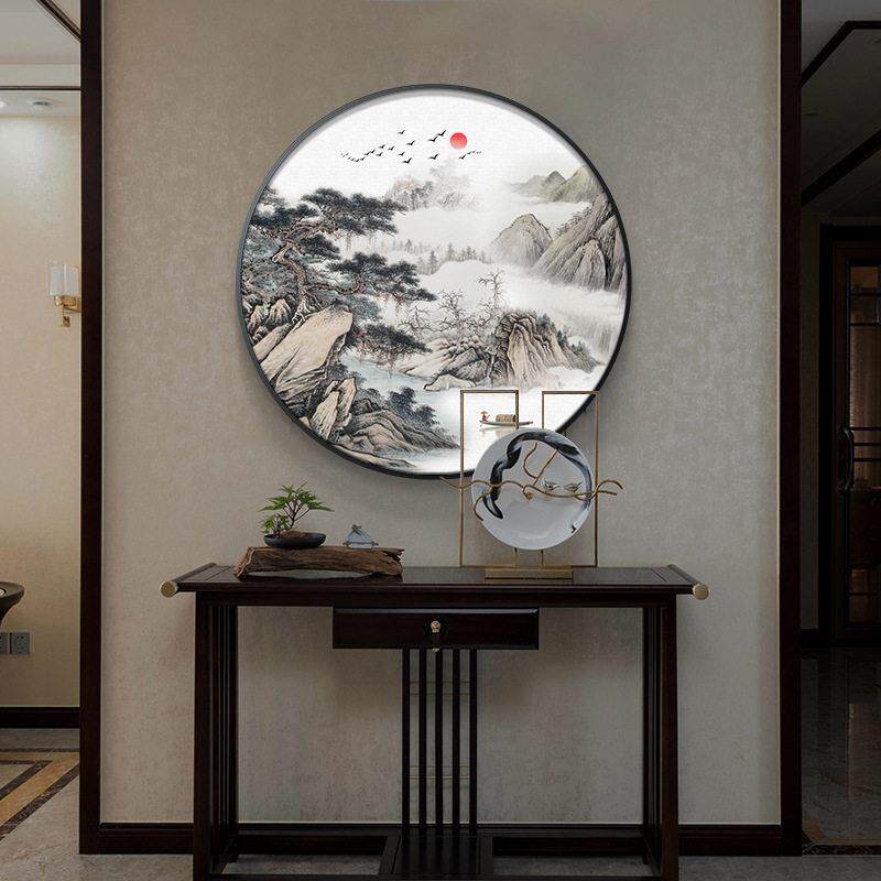 新款直销新中式圆形装饰画迎客松壁画入户玄关山水画客厅公室挂画