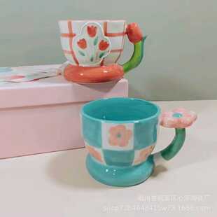 新款直销创意高温手绘立体郁金香花朵陶瓷杯马克杯咖啡杯釉下彩办