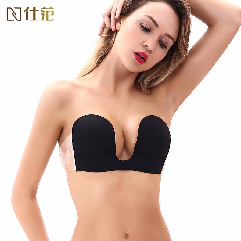 新款直销跨境上托硅胶侧翼欧美晚礼婚纱内衣文胸钢圈乳贴深V无肩