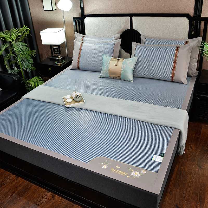 新款直销夏季高端1800D冰藤席三件套夏天家用冰丝凉席床笠款可折