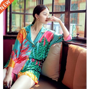 New Women Pajama Set Hand Drawn Art Tropical Plants Pyjama S