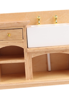 1/12 Miniature Wooden Wash Basin Cabinet with Ceramic Hand