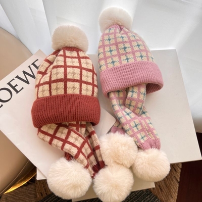 Winter Warm Plaid Pompom Baby Hat and Scarf Sets Kids Thick