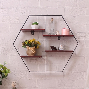 Six corner iron art wall bookshelf rack antique solid wood w