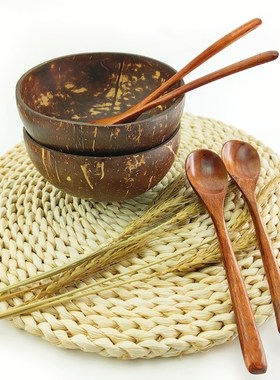 Superior Coconut Wood Bowl Wooden Spoon and Fork Set Polishe