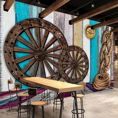 Custom Wall Murals Retro Nostalgic Wheel Rope Color Wood Gra