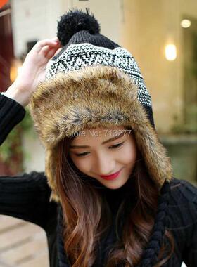 HT408 Fashion Knitted Winter Earflaps Caps Women Faux Fur Bo