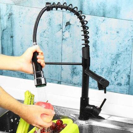 Black Spring Pull Out Kitchen Faucet Dual Spout Side