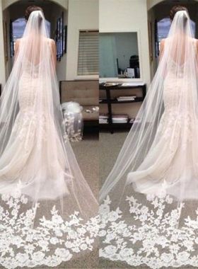 Hot New 1 Layer White Cathedral Length Lace Edge Bride