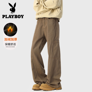 花花公子男士冬季新款美拉德弯刀加绒牛仔裤美式直筒休闲长裤子男