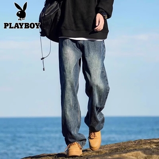 花花公子复古蓝加绒牛仔裤男士美式vibe秋冬新款宽松直筒阔腿裤子