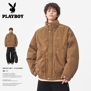 花花公子咖色美拉德夹克羽绒服男士冬季新款简约潮牌立领教练外套