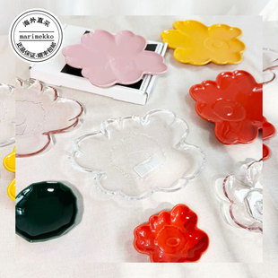 芬兰Marimekko 花型盘 白花金芯 粉色玻璃