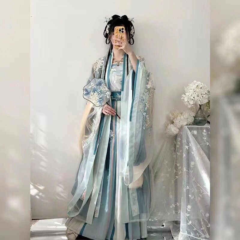 [蝶恋花语]原创正品汉服女宋制齐腰大袖衫吊带百褶裙渐变绣花春夏