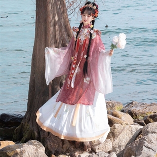 栀沛原创汉服女明制云肩大袖斜襟立领褶裙印花春夏款正品