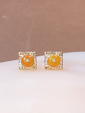 檀言蜜语珠宝18k金黄翡平安扣耳钉设计款镶钻耳环耳钉158#1.66克