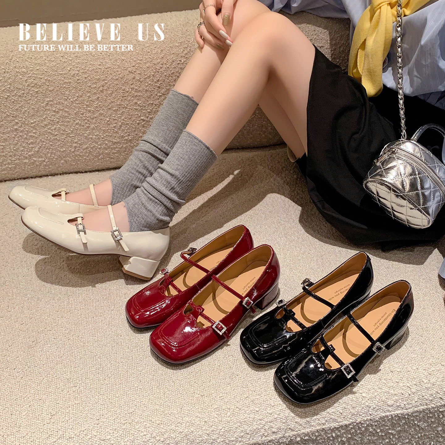 真皮方头玛丽珍鞋女粗跟粗跟高跟鞋女气质高级不累脚浅口单鞋女鞋