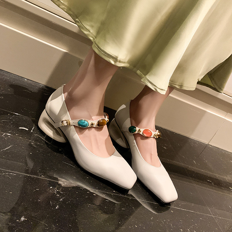 真皮法式方头轻奢浅口单鞋女搭扣粉色玛丽珍鞋女粗跟高跟鞋搭裙子