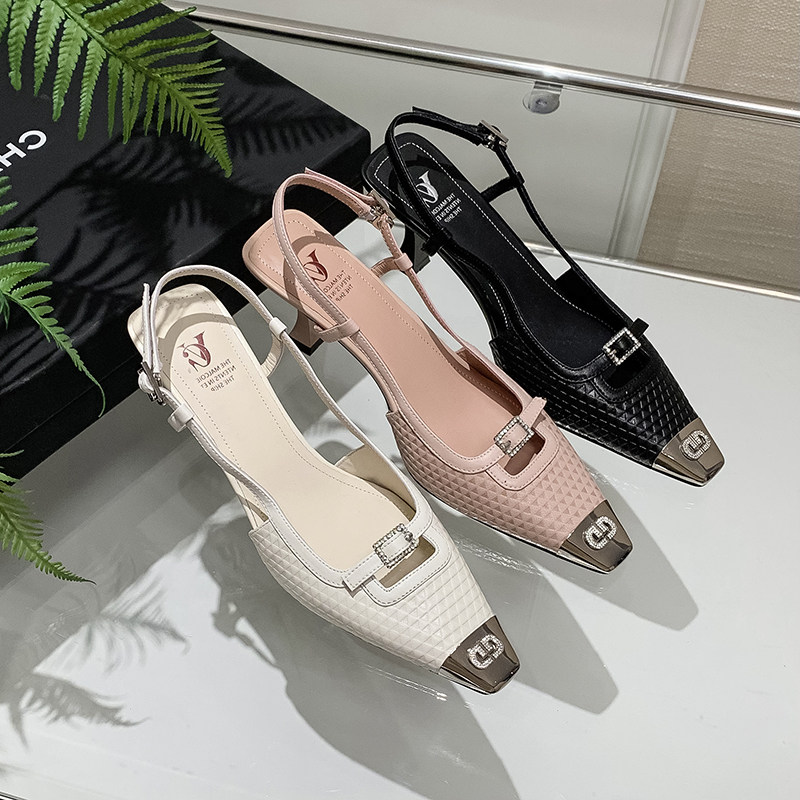 真皮方头水钻细跟包头凉鞋女夏外穿时尚高级感甜美气质高跟鞋女鞋