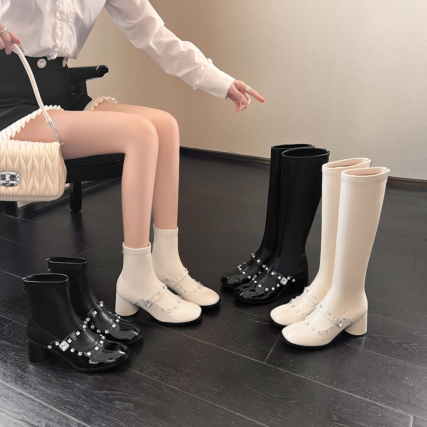 真皮粗跟弹力瘦瘦靴高跟短靴女
